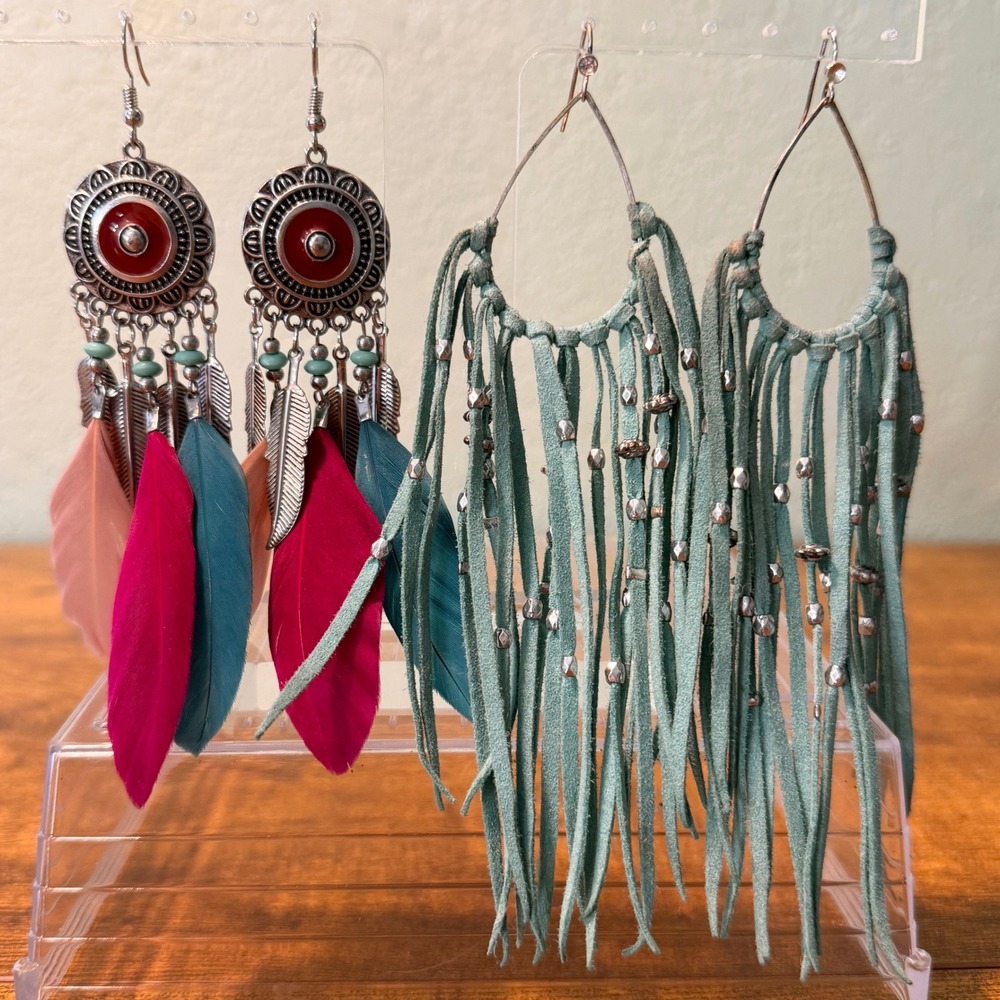 2 pair Boho Western Earring Bundle Feather Medallion & Turquoise Suede Fringe